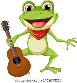 Vector illustration of a happy frog with a guitar