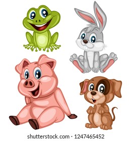 Vector Illustration of Happy Frog, Rabbit, Pig and Dog. Cute Cartoon Animals Sitting Isolated on a White Background. Happy Animals Set