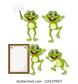 Vector Illustration of a Happy Frog Set. Cute Cartoon Frogs in Different Poses Isolated on a White Background. Happy Animals Set. Frog Holding a Banner, Cheering, Walking, Dancing