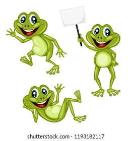 Vector Illustration of a Happy Frog Set. Cute Cartoon Frogs in Different Poses Isolated on a White Background. Happy Animals Set. Frog Holding a Banner, Cheering, Walking, Laying