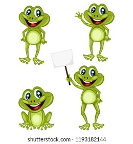 Vector Illustration of a Happy Frog Set. Cute Cartoon Frogs in Different Poses Isolated on a White Background. Happy Animals Set. Frog Holding a Banner, Cheering, Sitting, Waving