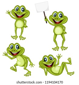 Vector Illustration of a Happy Frog Set. Cute Cartoon Frogs in Different Poses Isolated on a White Background. Happy Animals Set. Frog Holding a Banner, Cheering, Walking, Laying