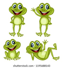 Vector Illustration of a Happy Frog Set. Cute Cartoon Frogs in Different Poses Isolated on a White Background. Happy Animals Set. Frog Laying, Cheering, Waving, Sitting