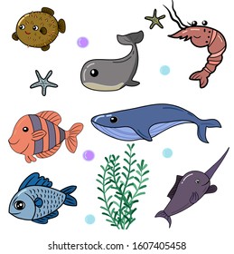 Vector illustration of happy fun cartoon sea creatures pattern background.