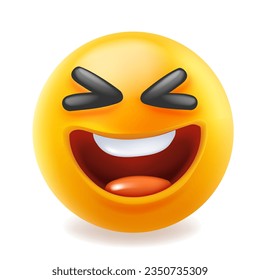 Vector illustration of happy fun yellow color smile emoticon with open mouth and red tongue. 3d style design of funny laugh emoji with close eye for social media on white background