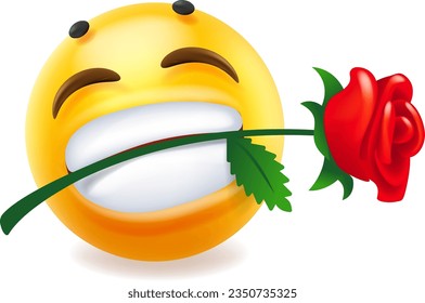 Vektorgrafik von fröhlichen, unterhaltsamen gelben Lächelgefühl mit weitem Lächeln mit Zähnen und Blume Rose. 3D-Design für romantische Lachen-Emoji für soziale Medien auf weißem Hintergrund