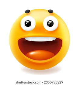 Vector illustration of happy fun yellow color smile emoticon with open mouth and red tongue. 3d style design of funny laugh emoji for social media on white background