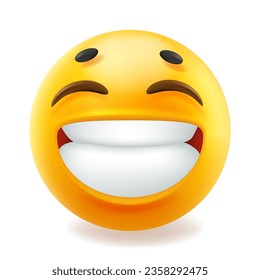 Vector illustration of happy fun yellow color smile emoticon with wide smile with teeth and close eyes. 3d style design of funny laugh emoji for social media, sticker, poster on white background
