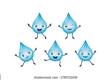 Vector illustration of happy and funny blue water droplets. Smiling and winking drop cartoon characters jump and dance. Cute, positive mood. Save the water theme.