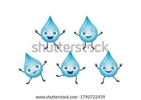 Vector illustration of happy and funny blue water droplets. Smiling and winking drop cartoon characters jump and dance. Cute, positive mood. Save the water theme.