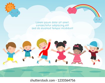 Vector Illustration Of Happy Funny Kids Playing Outside, happy children's activity in the playground