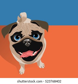vector illustration of a happy funny Pug dog. Space for text. For posters, cards, banners, t-shirts