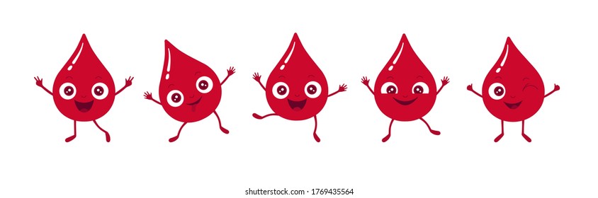 Vector illustration of happy and funny red blood droplets. Smiling and winking drop cartoon characters jump and dance. Cute, positive mood. World blood donor day, medical blood test and donation theme