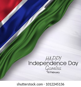  Vector illustration of  Happy Gambia Independence Day 18 Februay. Waving flags isolated on gray background.