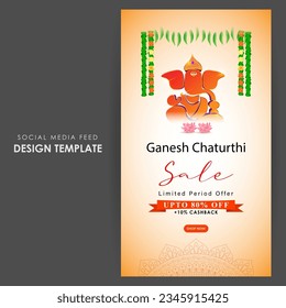 Vector illustration of Happy Ganesh Chaturthi Sale social media story feed set mockup template