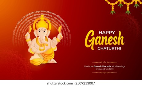 Vector Illustration of Happy Ganesh Chaturthi text and Lord Ganesh with Red background for banner. With Lord Ganesh Mantra In Sanskrit. Translation: Oh Lord with a curved trunk and powerful body, whos