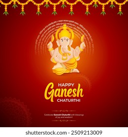 Vector Illustration of Happy Ganesh Chaturthi text and Lord Ganesh with Red background for banner. With Lord Ganesh Mantra In Sanskrit. Translation: Oh Lord with a curved trunk and powerful body, whos