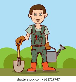 Vector illustration. Happy gardener standing with his garden tool. Shovel and watering can.