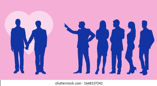  vector illustration of a happy gay couple among people .They love each other despite the opinions of others.