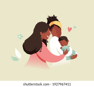 Vector Illustration Of Happy Gay Female Couple Holding Adopted Baby Son In Arms. Lesbian and Gay Parents concept.