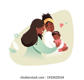 Vector Illustration Of Happy Gay Female Couple Holding Adopted Baby Daughter In Arms. Lesbian and Gay Parents concept.