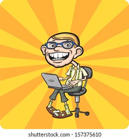 Vector illustration of Happy geek sitting with laptop. Easy-edit layered vector EPS10 file scalable to any size without quality loss. High resolution raster JPG file is included.