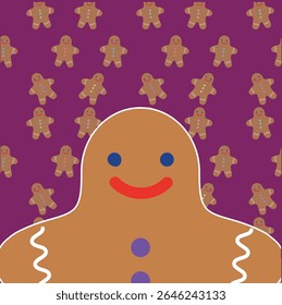 
Ilustração vetorial de um homem de gengibre feliz com um fundo de biscoito de gengibre e motivo. Fundo decorativo, adorável, Natal de um homem de gengibre sorridente.