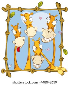 Vector Illustration of a Happy Giraffe Family  Portrait in a Bamboo Frame