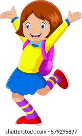 Vector illustration of happy girl with backpack going to school