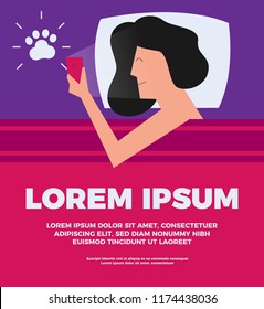 Vector Illustration of a happy girl in bed at cats'/dogs'/pets' photos/videos on her phone