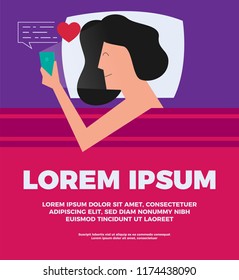 Vector Illustration of a happy girl in bed looking at the sweet text/sms/message on her phone. Love Concept. Template for banner/ad/flyer/blog/poster