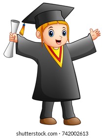 Vector illustration of Happy girl in black graduation gown