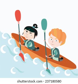 Vector illustration of happy girl and  happy boy rowing in the canoe with oars in their hands on the river
