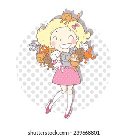 Vector illustration with happy girl and cats.
