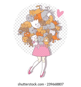 Vector illustration with happy girl and cats.