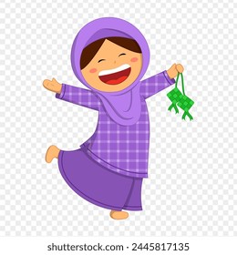 Vector illustration of Happy girl celebrating Hari Raya Aidilfitri on transparent background