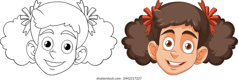 Ilustración vectorial de una niña feliz, coloreada y delineada.