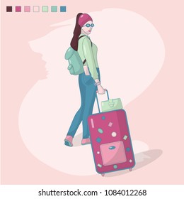 

Vector illustration happy
girl flies traveling. The girl smiles. Vacation, airport, suitcase, backpack, bag. Flat style. Magazine illustration. Isolated objects.