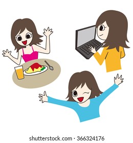 Vector illustration of happy girl in her life. Eating lunch and using computer.