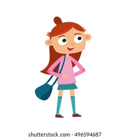 Vector illustration of happy girl hipster isolated on white background. Pretty teenager in pink sweater with bag.  