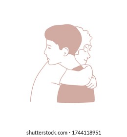 Vector illustration,  happy girl hugging a sad guy , linear design