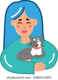 Vector Illustration of a Happy Girl Hugging Her Cat – Heartwarming Moment with a Fluffy Friend in Her Arms, Cute Pet Love Concept, Perfect for Animal Lovers, Greeting Cards, and Posters – Created in A