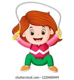vector illustration of happy girl humping exercising with skipping rope