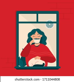 vector illustration of a happy girl looking out the window drinking coffee / tea petting a cat. a window outside the house. red brick wall. Cartoon flat vector illustration.