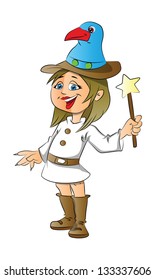 Vector illustration of a happy girl with magic wand, isolated on white background.