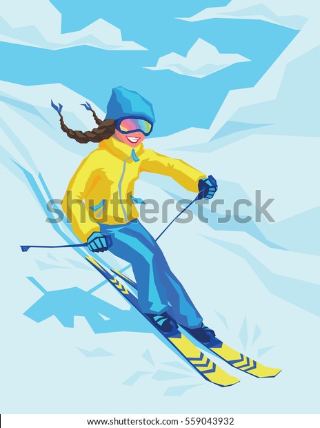 そこでスキーをしている冬のリゾートで幸せな女の子のベクターイラスト 雪の多い風景の背景にスキーをしている女性 若い女性のスキーヤーが山の斜面を下りる のベクター画像素材 ロイヤリティフリー