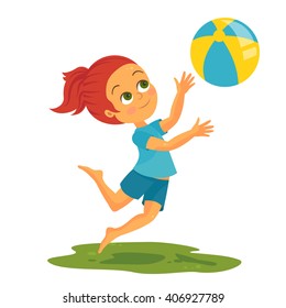 Vector Illustration of Happy a Happy Girl Playing with a Ball