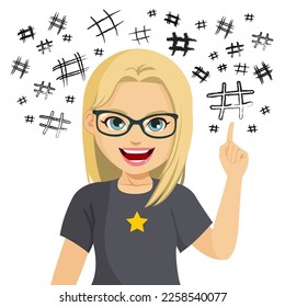 Vector illustration of happy girl pointing at hand drawn big hashtag symbol setting trend on internet isolated on white background. Attention to interesting post concept