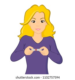 vector illustration of a happy girl with a positive pregnancy test