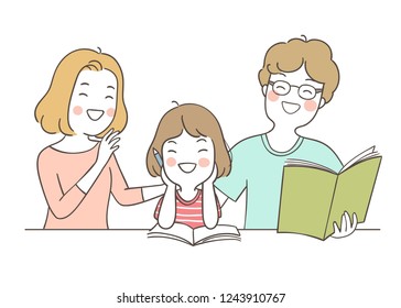 Vector illustration happy girl reading with mother and father.Isolated on white color.Draw doodle cartoon style.